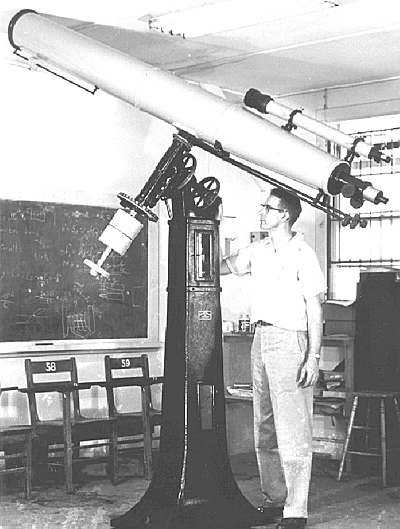 H. Schrader with Clark 8 in. in Temporary Bldg. F Behind Benton Hall (ca. 1955)